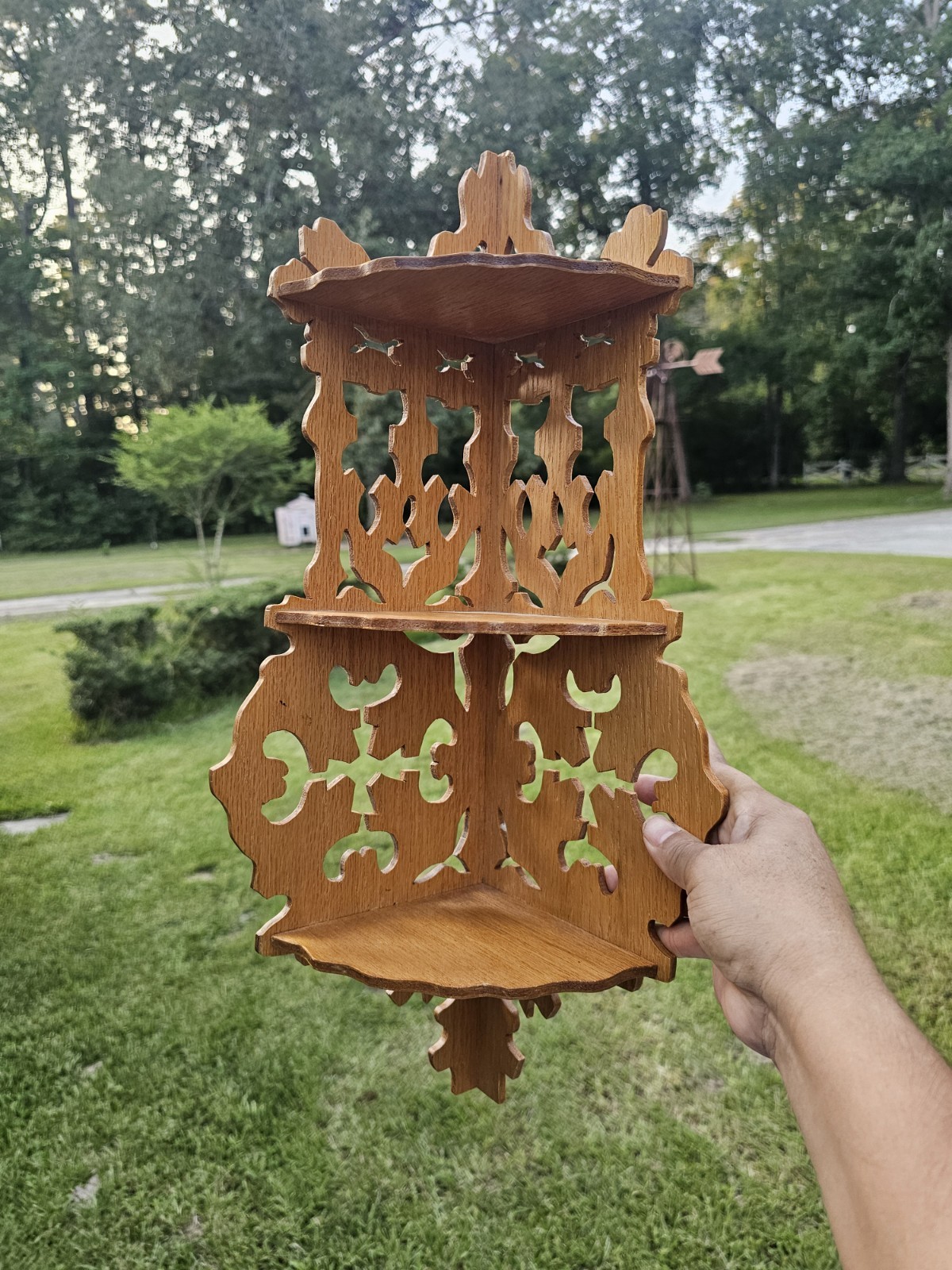 Antique Victorian Walnut Fretwork Carved Corner Wall Hanging Shelf 3 Tier 21″