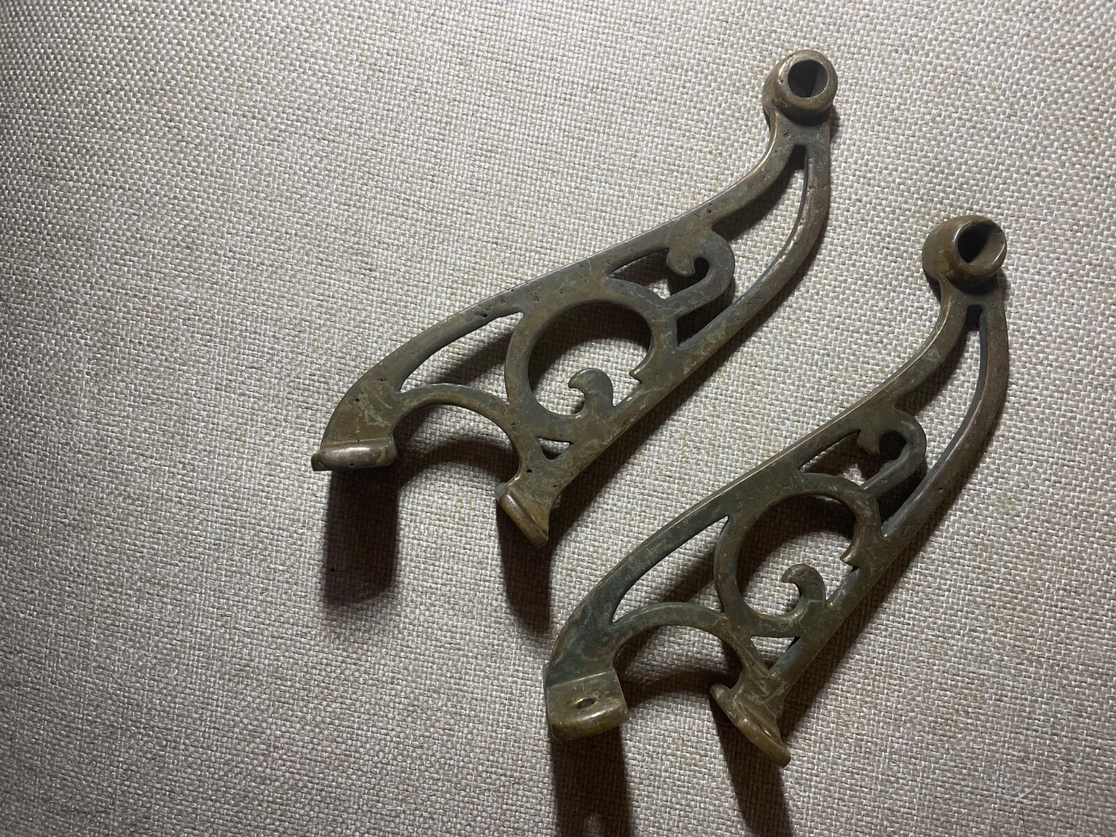 Pair of cast Bronze Railroad style curtain rod / shelving Brackets