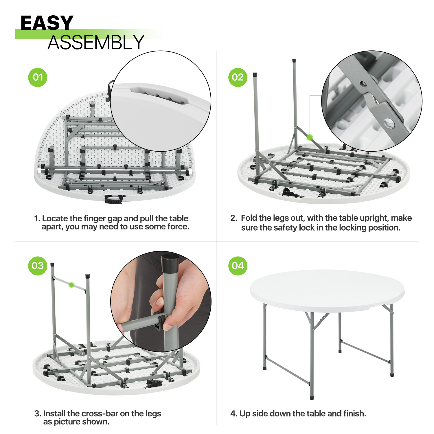 White 5 Ft Round Portable Plastic Dining Table w/Handle Fold-in-Half Picnic Desk