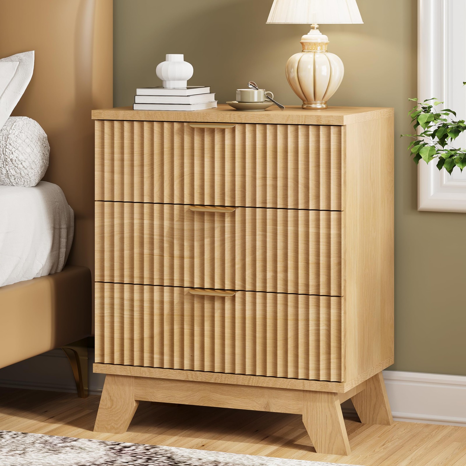 Fluted Nightstand, 24″ Wide Side Table with 3 Large Storage Drawers
