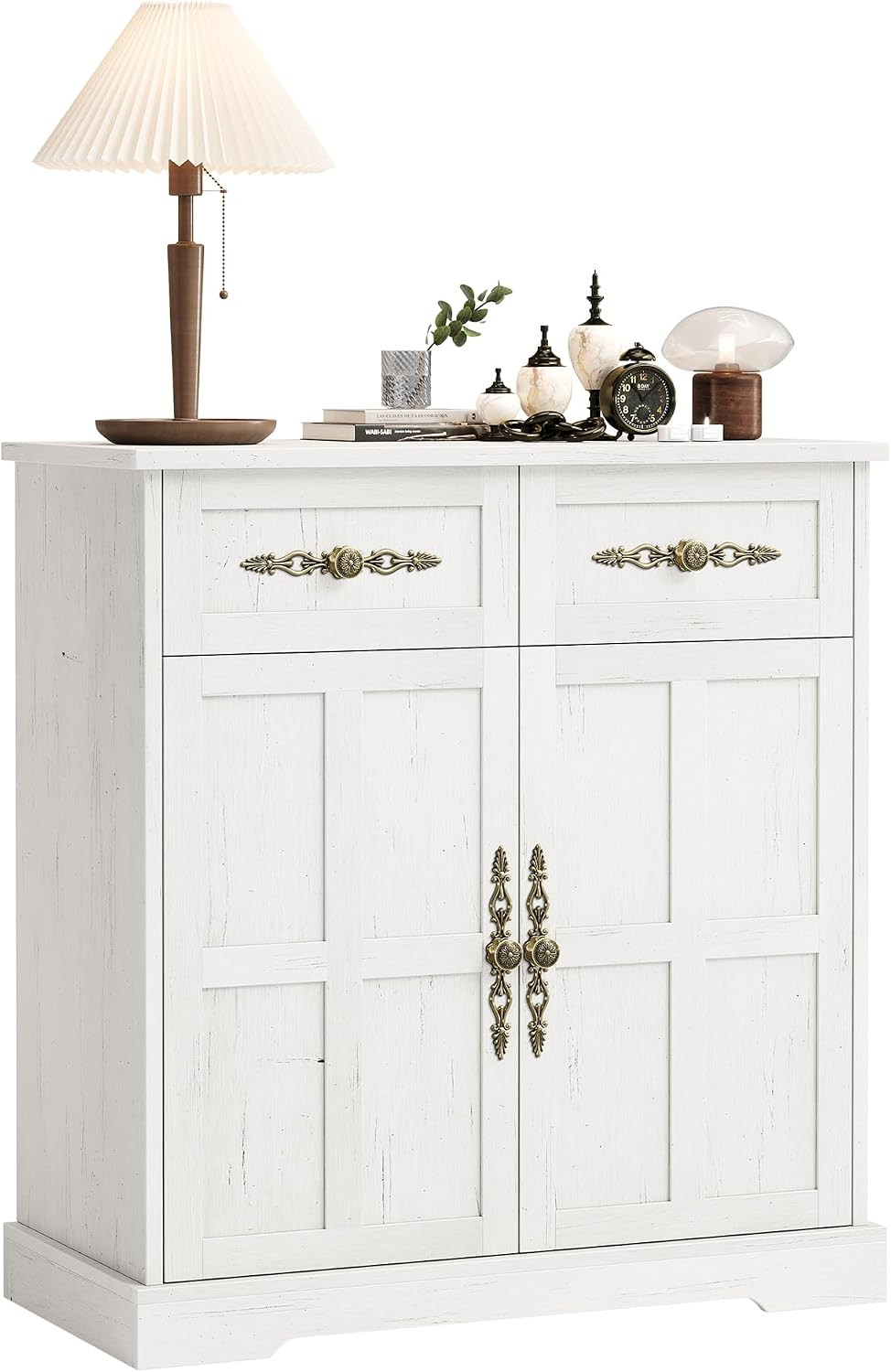 Modern White Buffet Sideboard with Gold Handles & 2 Drawers – 33.5″ Storage Cabi