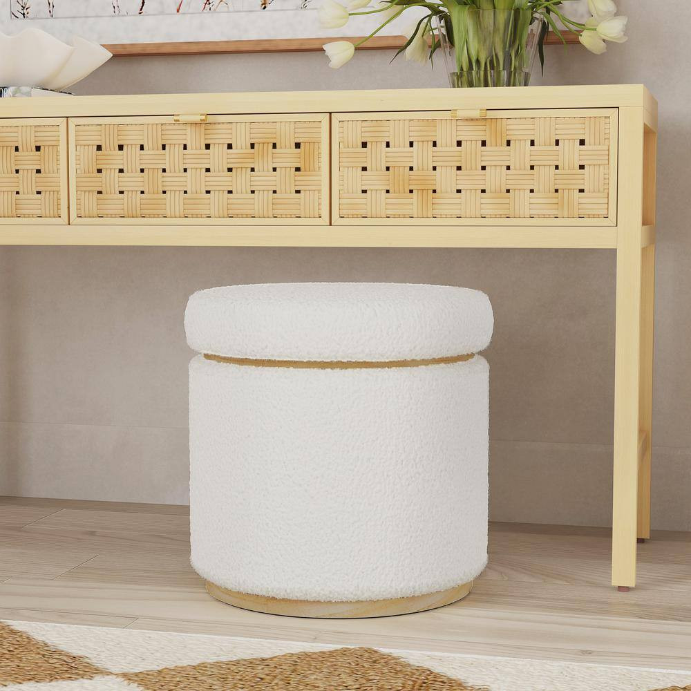 Savoy Cream White Sherpa Fabric round Storage 18 In. Ottoman