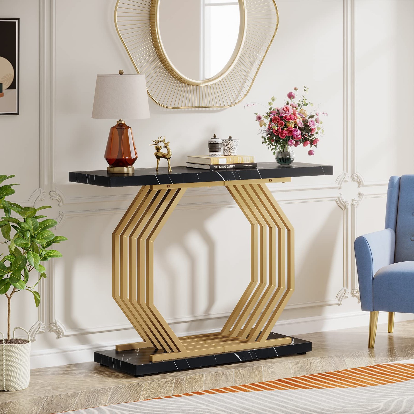 Gold Console Table, Faux Marble Entryway Table Narrow Sofa Table with Geometr…