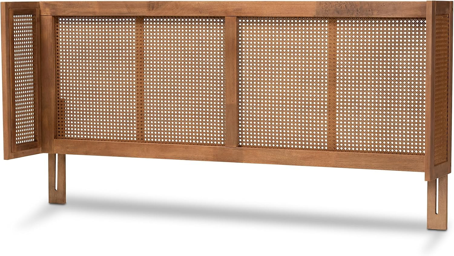 Mid-Century Modern Queen Headboard in Ash Walnut & Rattan Wrap-Around Design