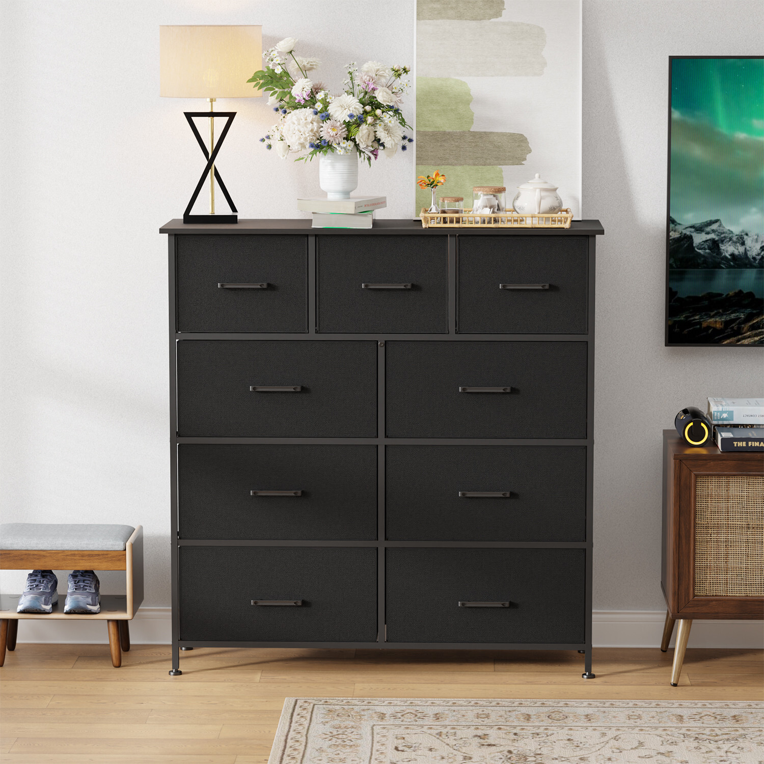 9-Drawer Fabric Dresser,Sturdy Storage Tower Dresser for Bedroom w/ Metal Frame