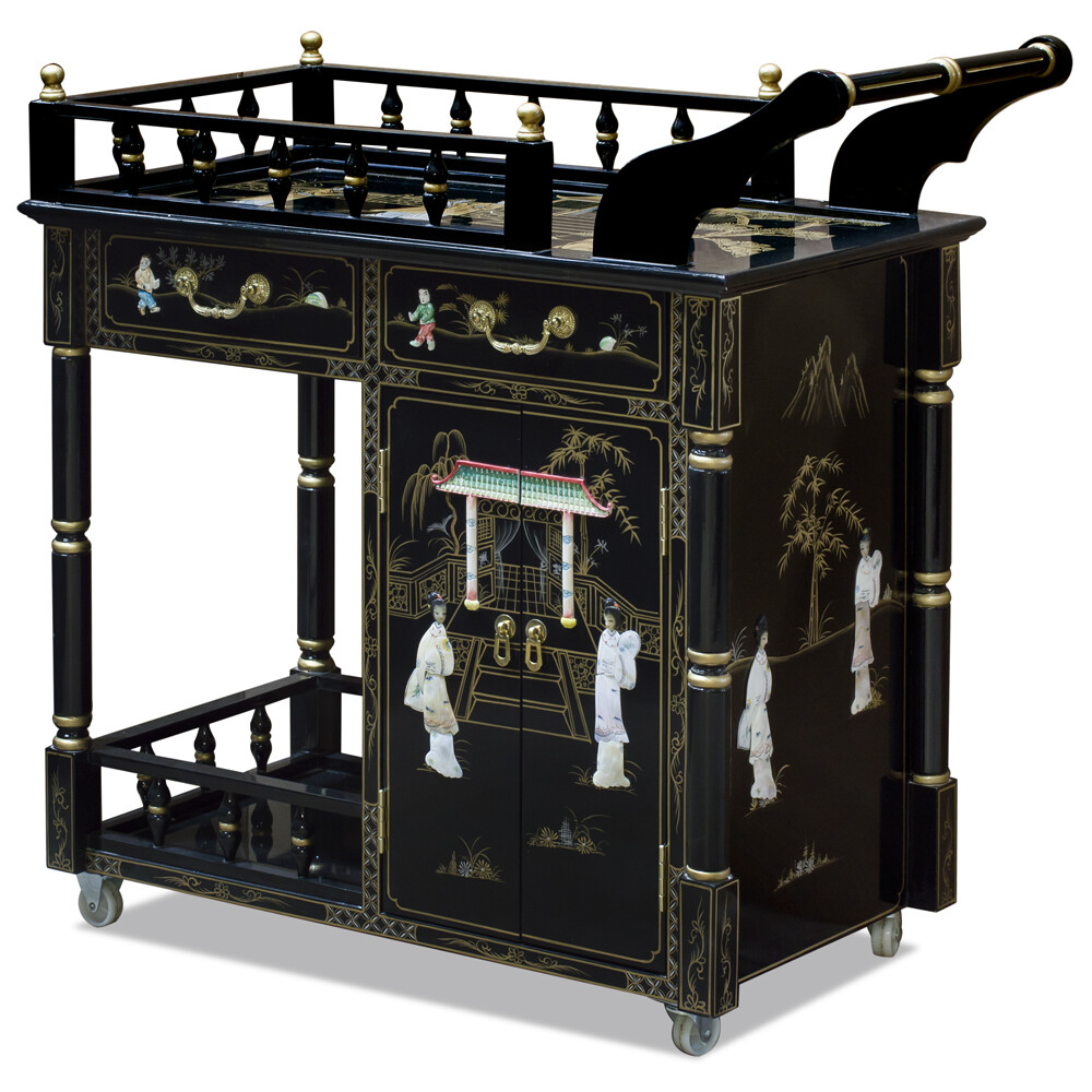 US Seller – Black Lacquer Mother of Pearl Chinese Tea Cart