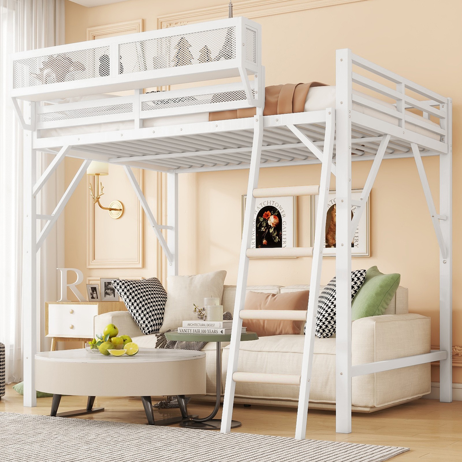 Metal Queen Size Loft Bed with Ladder/Bedside Storage Shelf Heavy-Duty Bed White