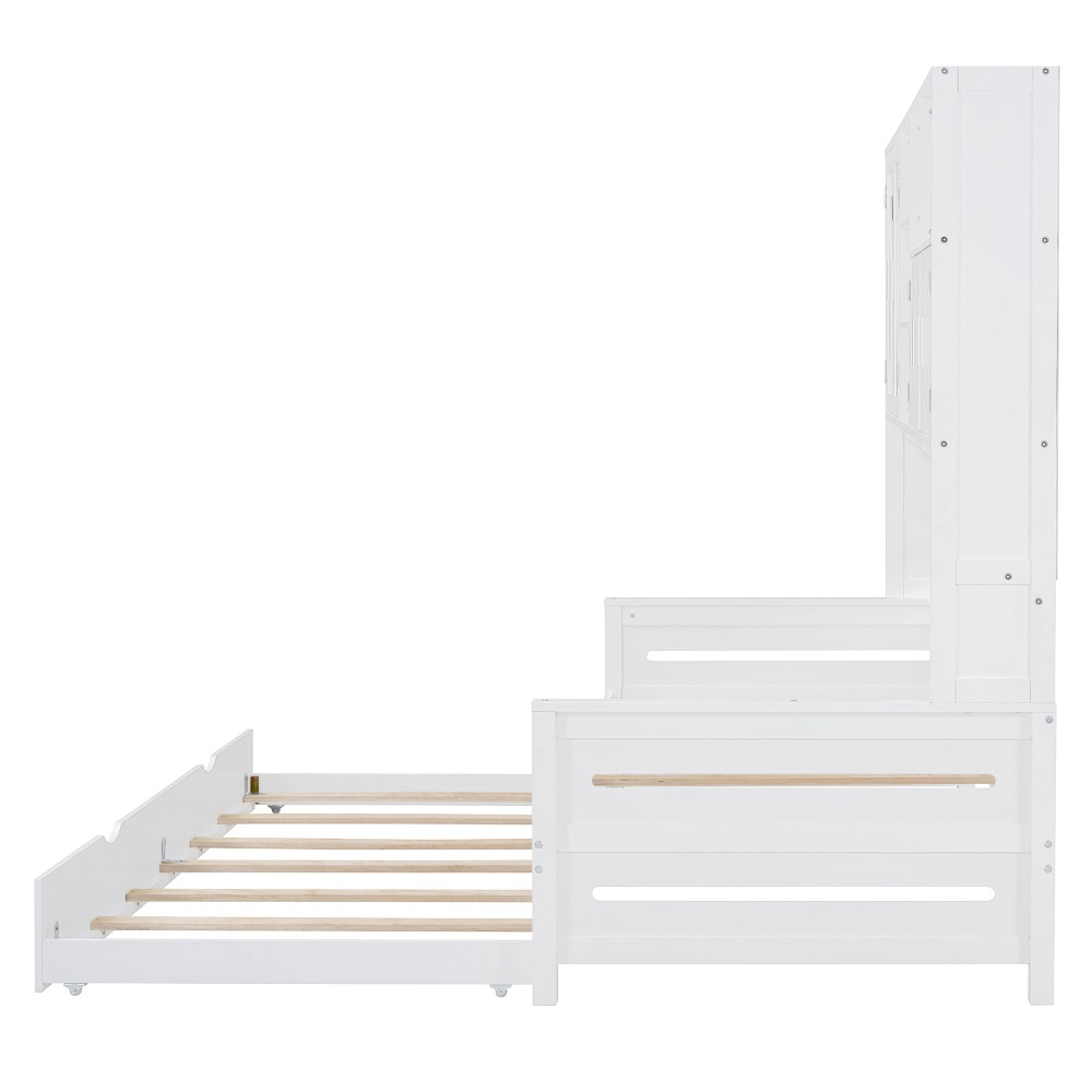 Twin Size Wooden Daybed with Twin Trundle Cabinet Shelf Storage