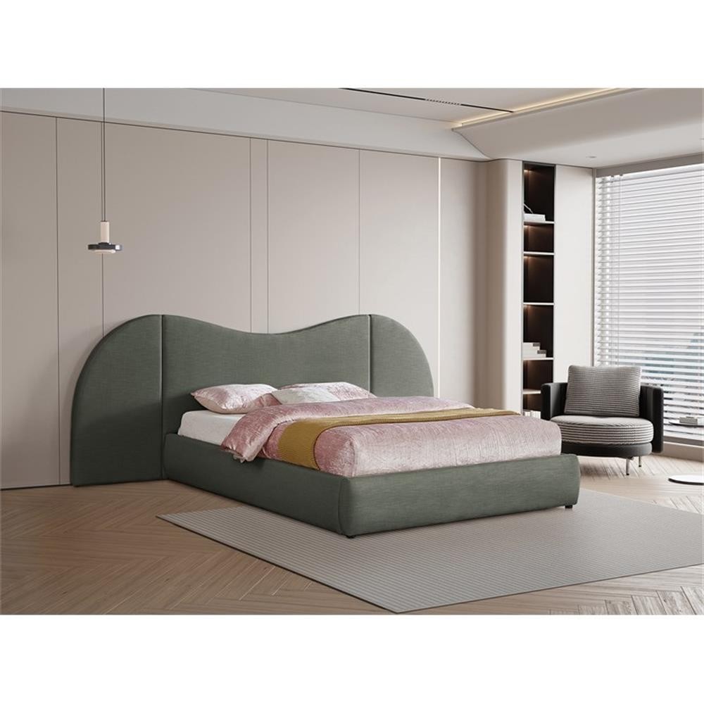 Meridian Furniture Everest Olive Green Linen Textured Fabric Queen Bed
