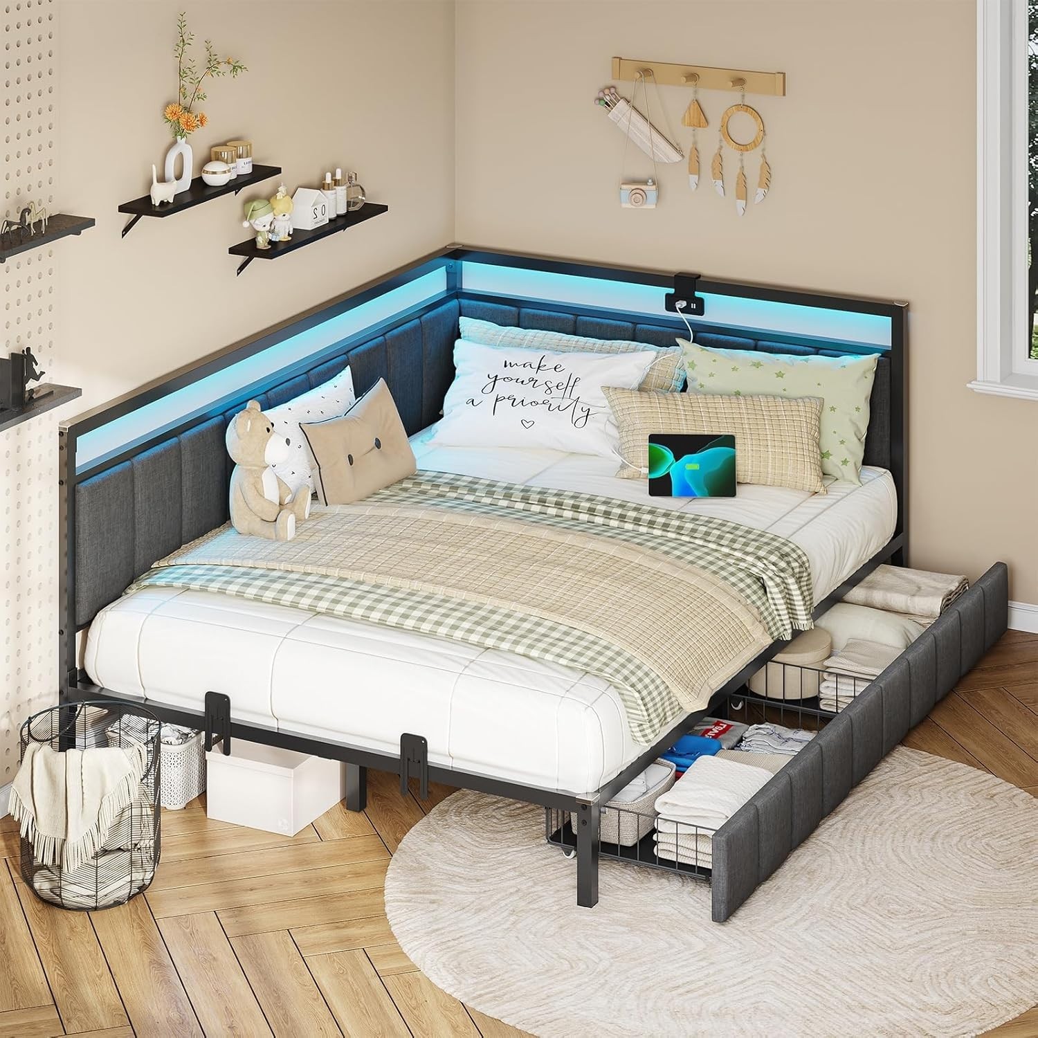 Full Size Corner Bed Frame with Drawers,Charging Station,Led Lights,Metal Daybed