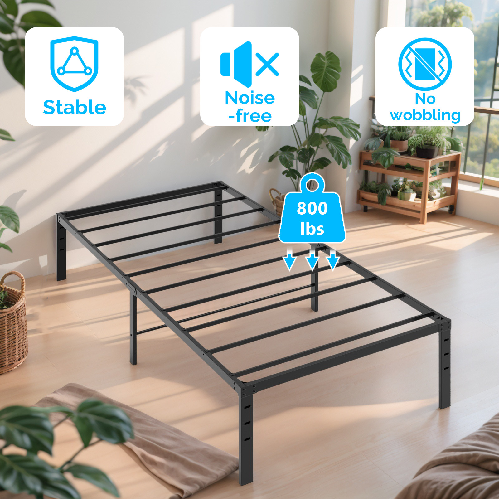 Twin Size Metal Slat Bed Frame Mattress Foundation Heavy Duty Platform Black