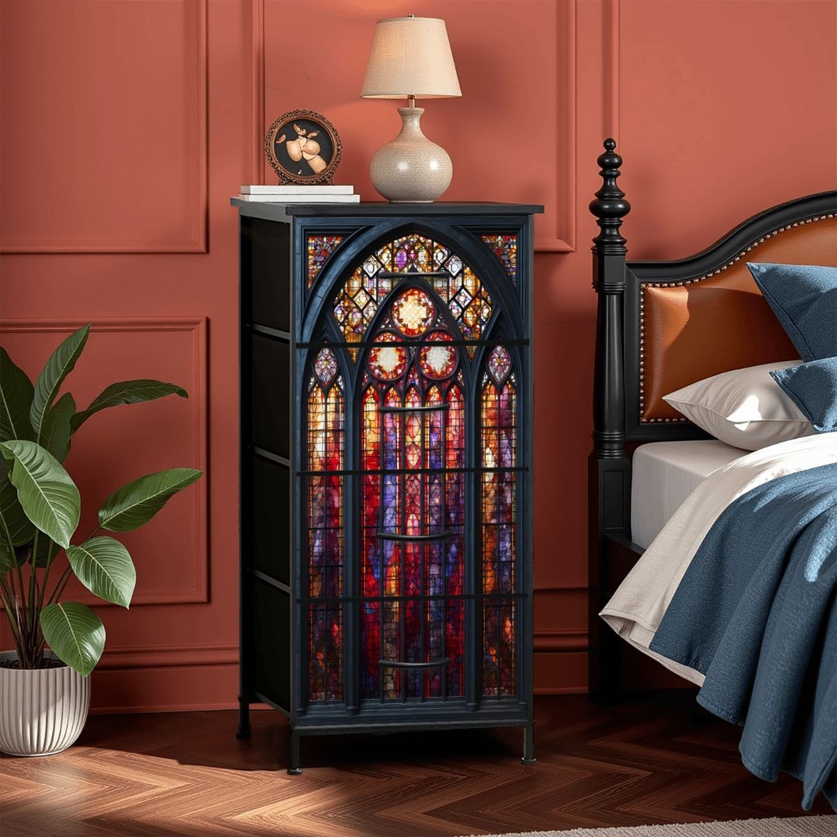Gothic Stained Glass Inspired Storage Cabinet Decorative Cathedral Accent Unit