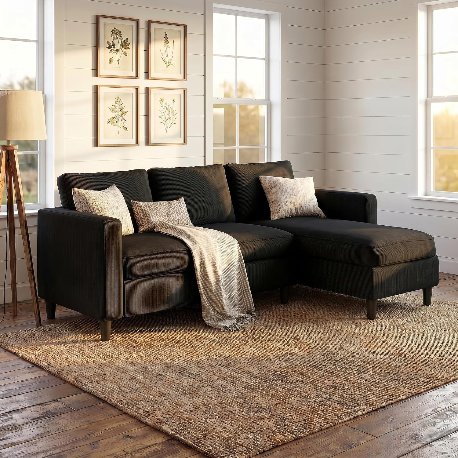 Modern L-Shaped Sectional Sofa with Reversible Ottoman in Matte Black
