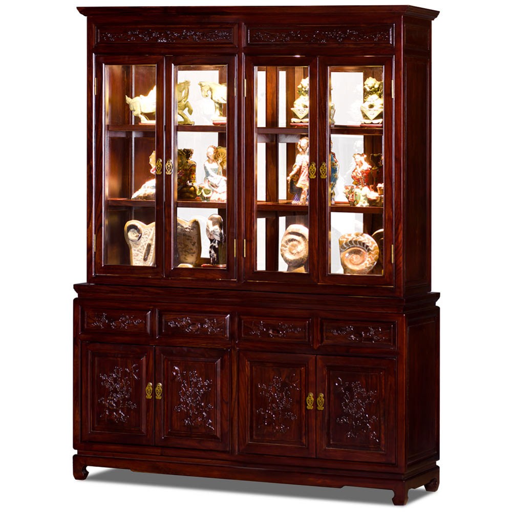 US Seller – Dark Cherry Elmwood Bird and Flower Oriental China Cabinet