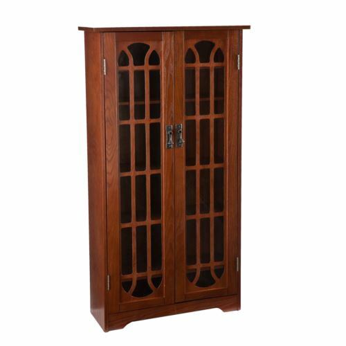 Dark Oak Finish Wooden Media Cabinet 6 Shelf CD DVD Storage Tower Glass Door