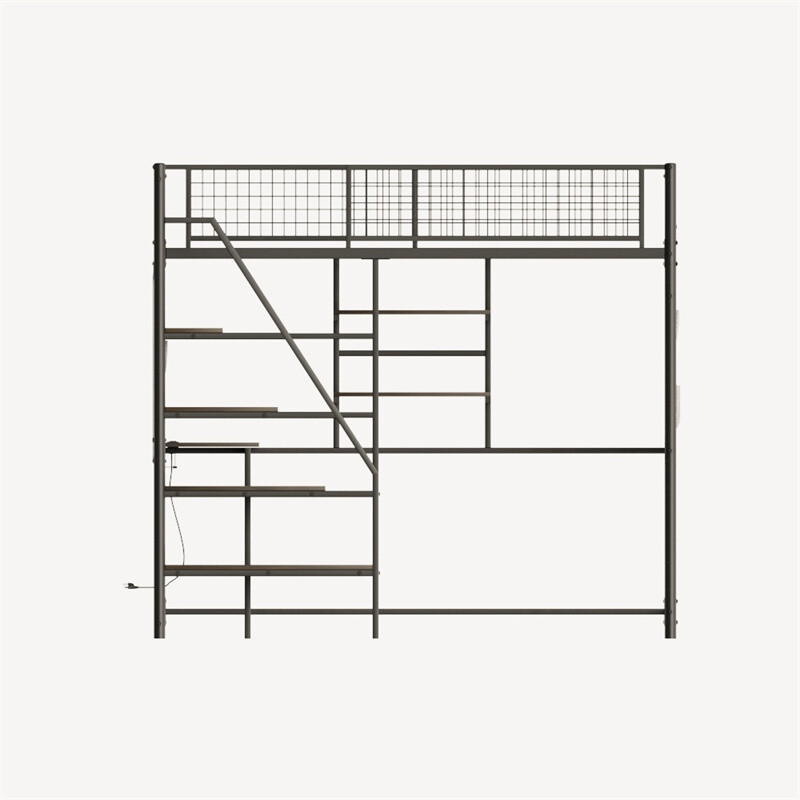 Full Size Metal Loft Bed w/Desk,Storage Stairs,Shelves & LED Light for Dormitory