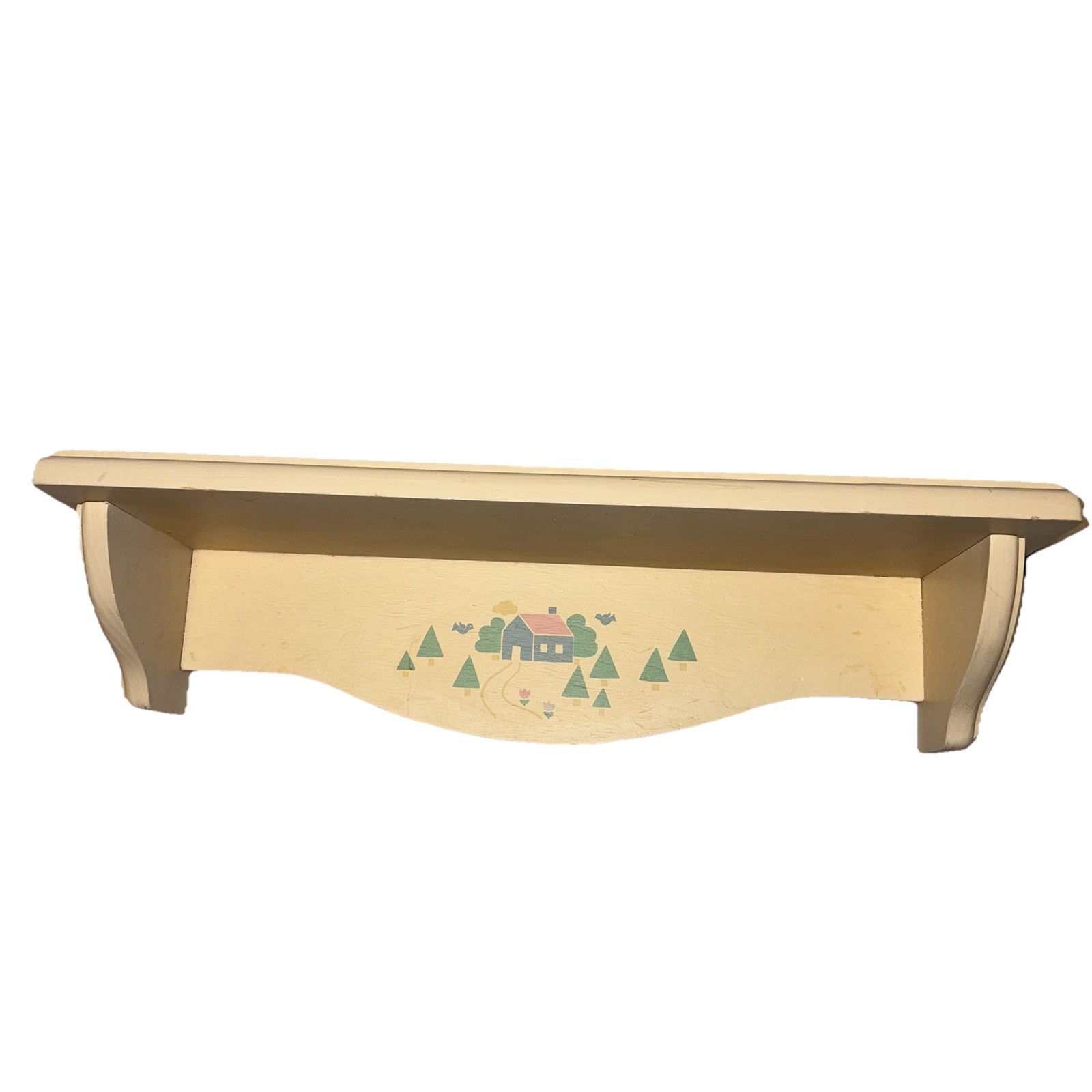 Vintage Cream Colored Cottage Core Hand Painted Cottage Scene Wall Shelf