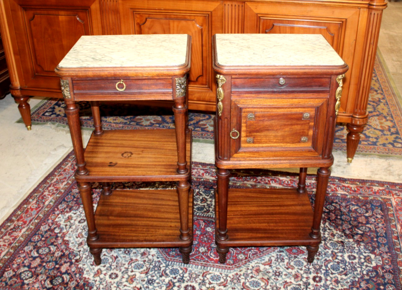 Pair of French Antique Louis XVI Mahogany Nightstands / Bedside Tables