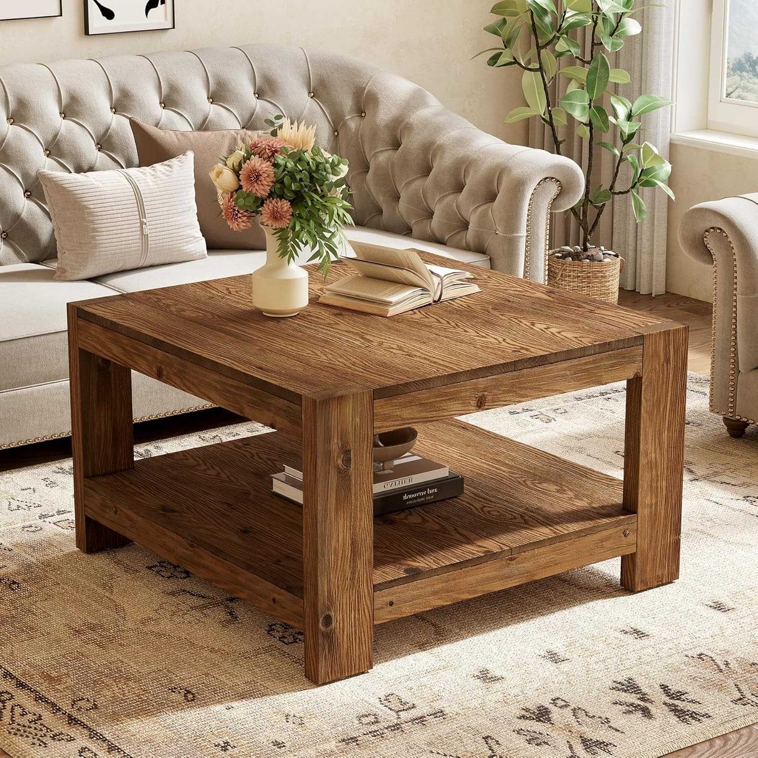 31.5″ Square Coffee Table 2-Tier Farmhouse Accent Center Table for Living Room