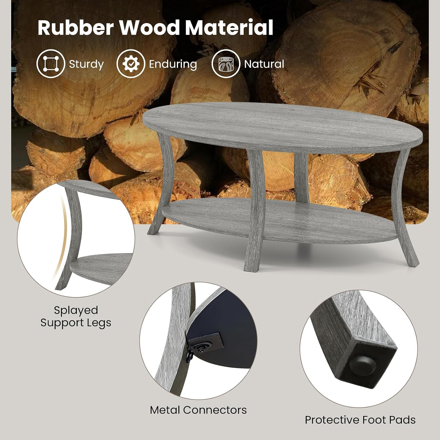 44 Inch Oval Coffee Table, 2-Tier Center Table with Storage Shelf & Rubber Wood
