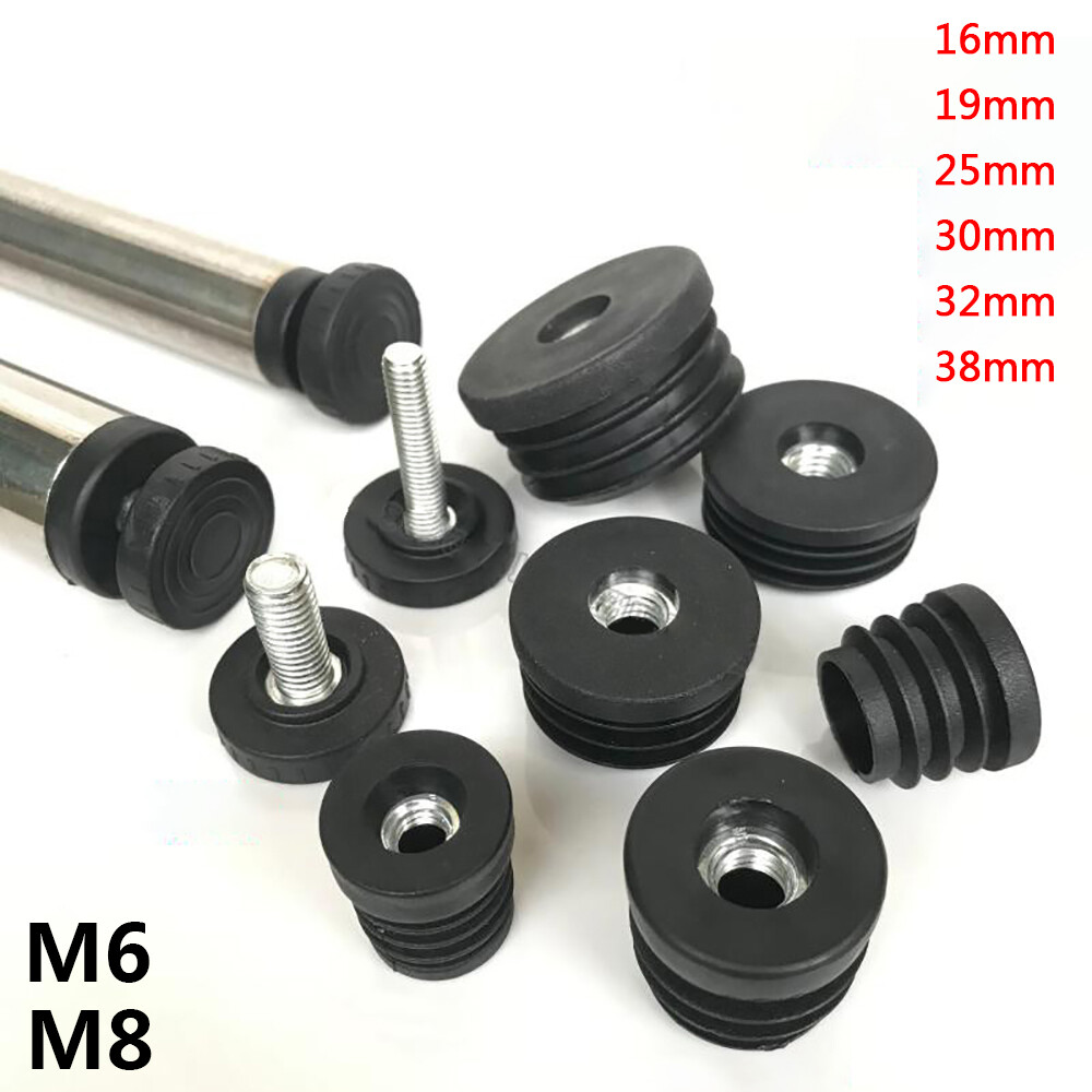 25mm Adjustable M8 M6 Screw Leveling Foot + Round Pipe Plugs Inserts End Cap Set