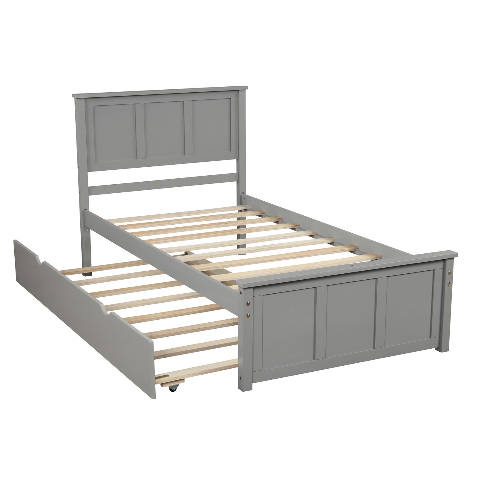 Twin Platform Bed Frame with Trundle, Gray Solid Wood & MDF