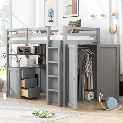 Solid Wood Loft Bed with Desk and Wardrobe Storage Cabinet Twin Size Bed Frames