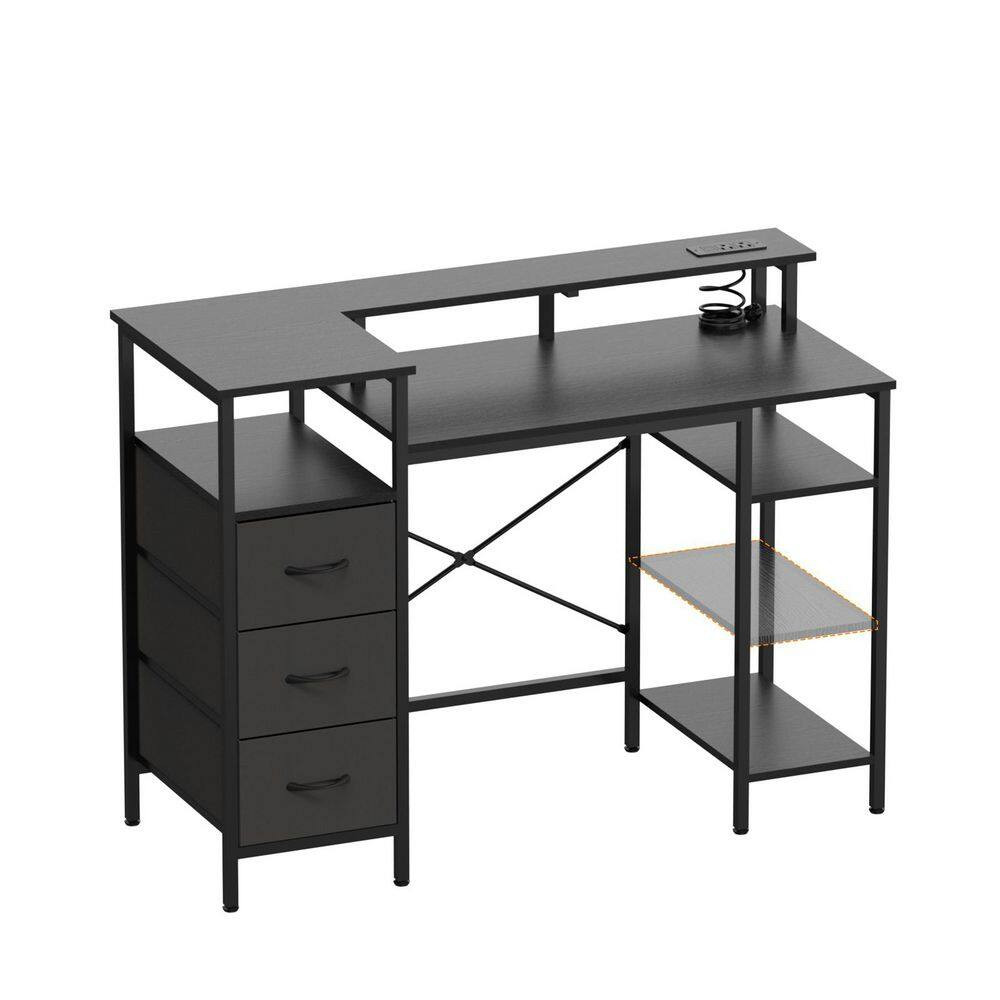 47.2 in Rectangle Computer Black Wood 3-Drawer Computer Desk with Storage, Shelv