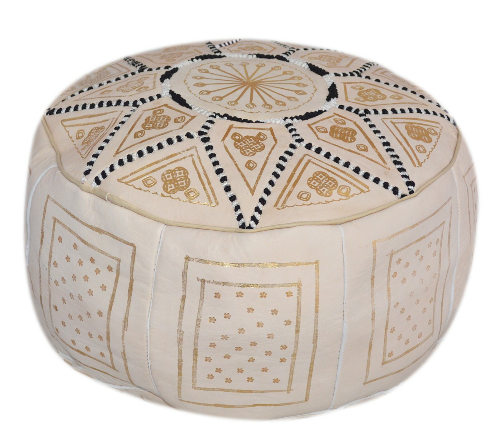 Pouf Moroccan Hassock Leather Round Ottoman Foot-stool Pouffe Medium Beige