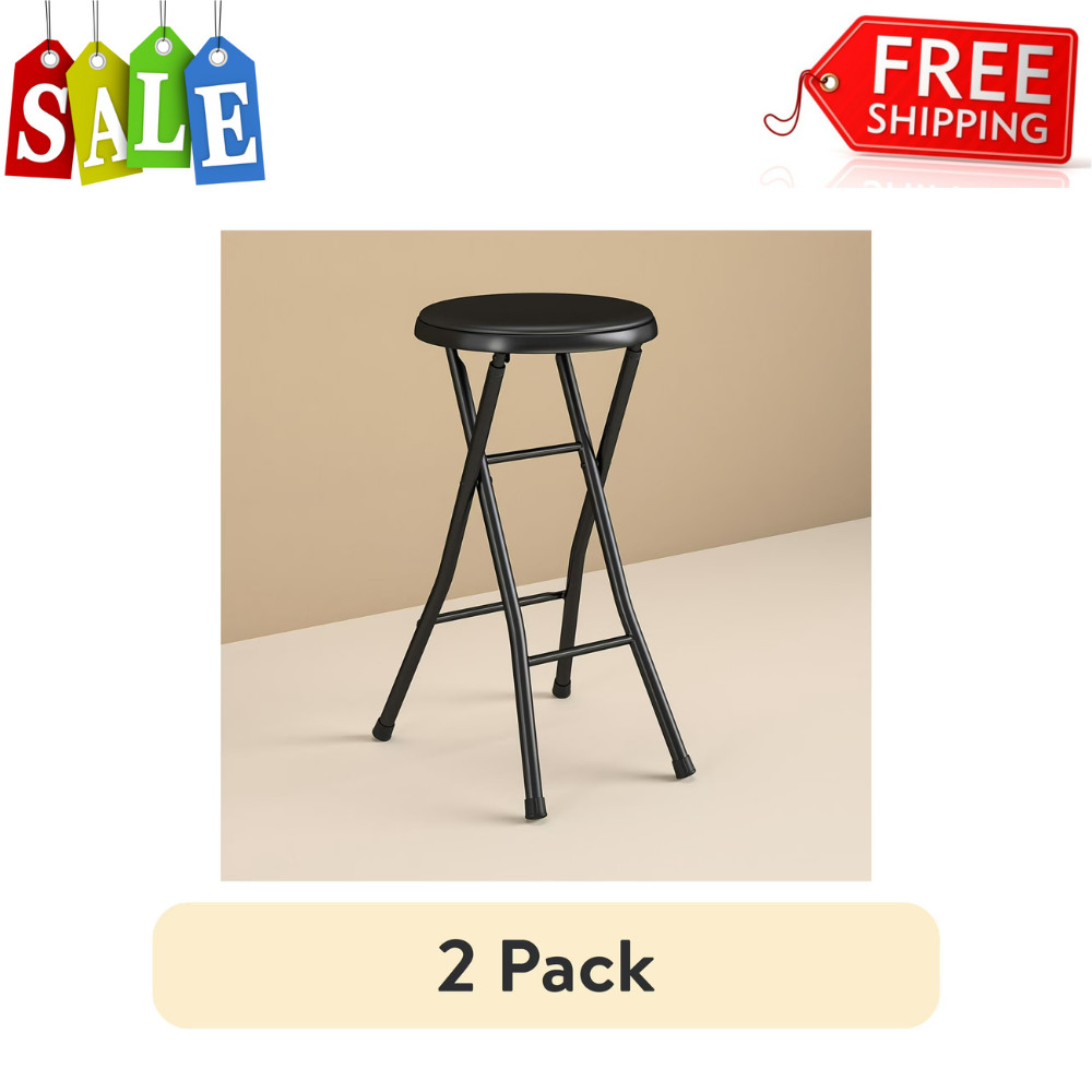 2pk Mainstays Folding Metal Stool, 24″ Black Padded Seat, Portable Sturdy Chair