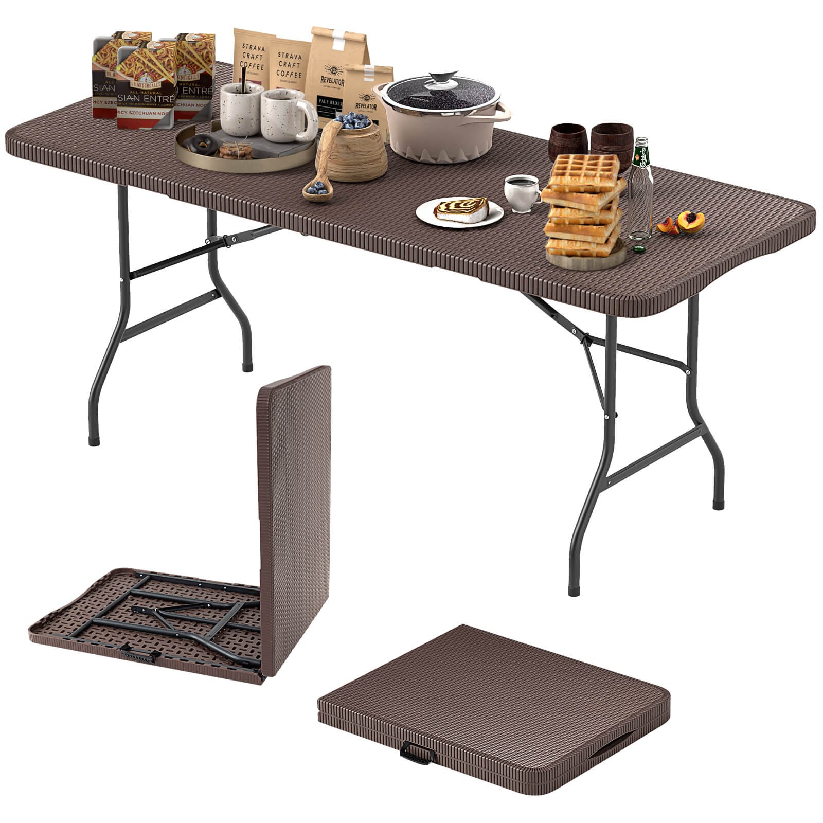 350 LBS Fold-in-Half Table w/ Rattan-Like HDPE Tabletop Safe Lock Mechanism