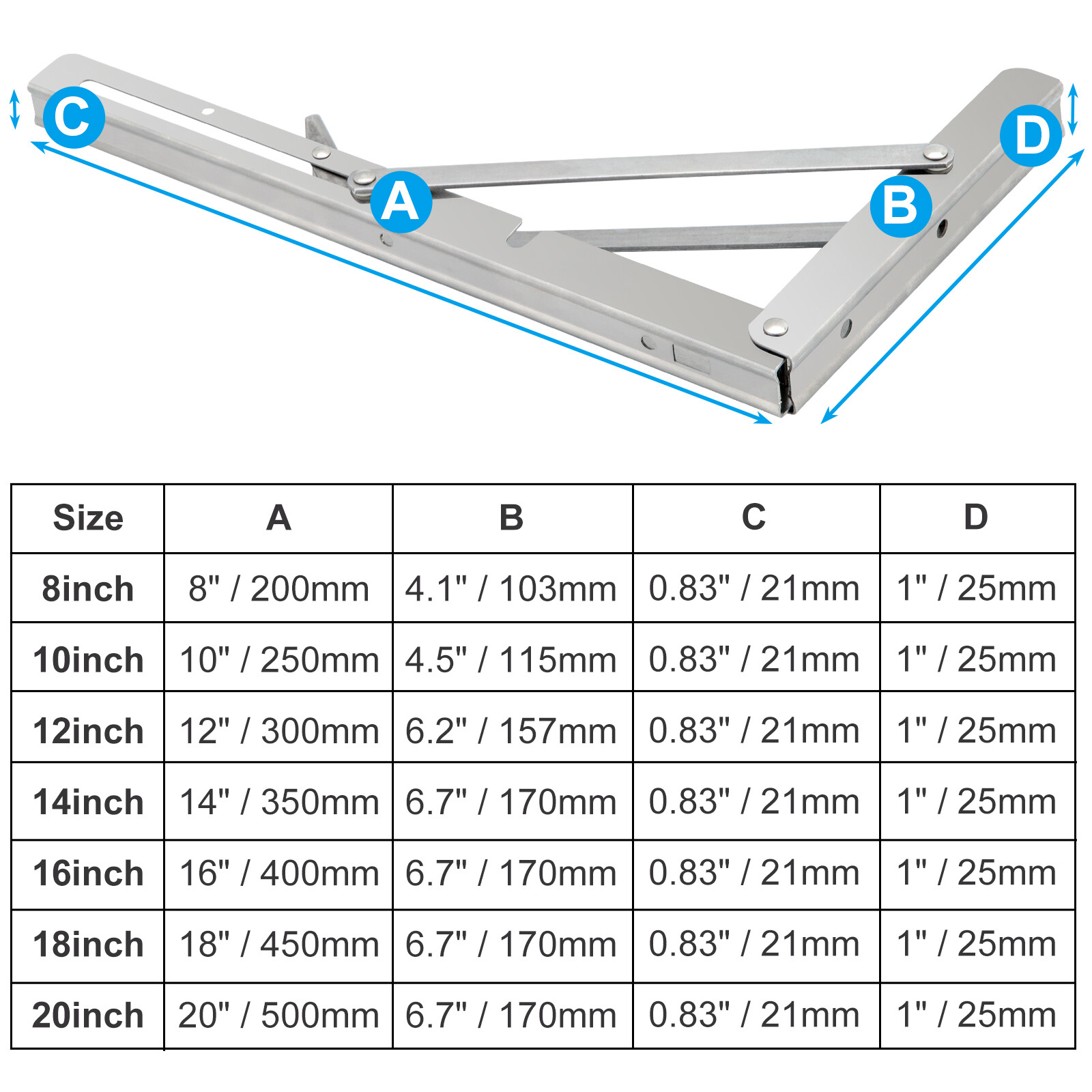 2/4x 8-20” Folding Table Bracket Shelf Bench Heavy Duty Stainless Steel Hinges
