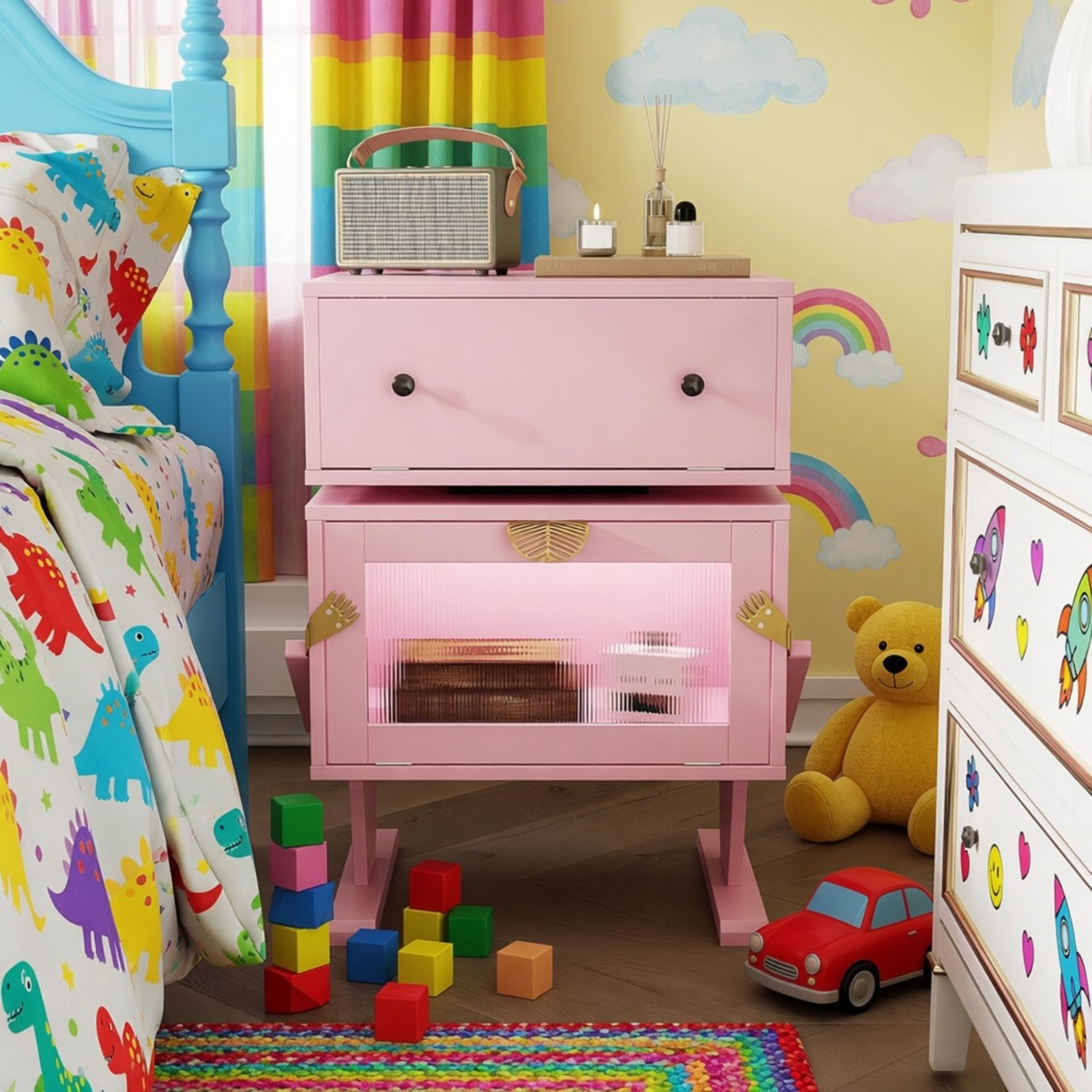 Pink Robot LED Nightstand with Rotating Drawer, 20.7″ Wide Modern End Table