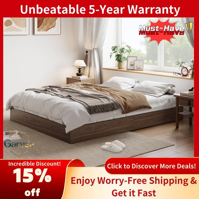 Wood Slat Support Queen Bed Frame Walnut No Headboard Floor-Standing Easy Assemb