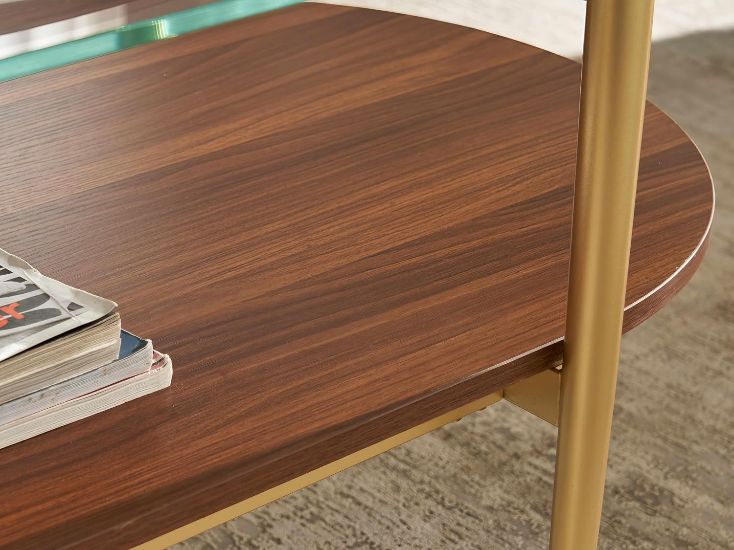 Oval Coffee Table, Mid-Century Modern Design, 2-Tier Structure, Clear Glass Top