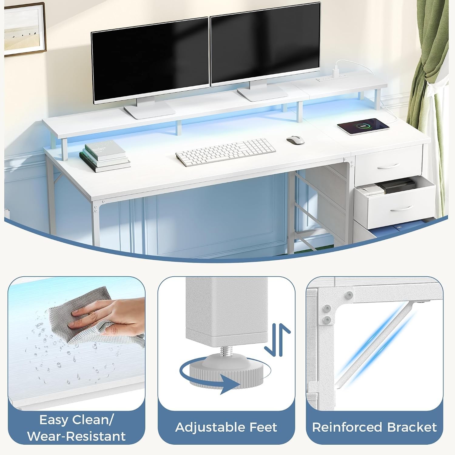 40-Inch Gaming Desk with Power Outlets and LED Lights, White | Computer Desk wit