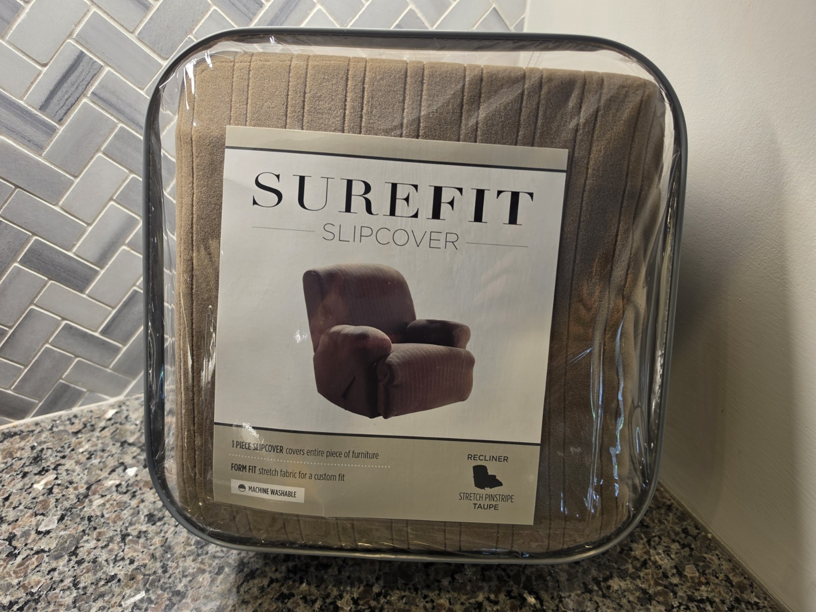 Surefit Recliner Slipcover (Stretch Pinstripe Taupe Form Fit) — Brand New