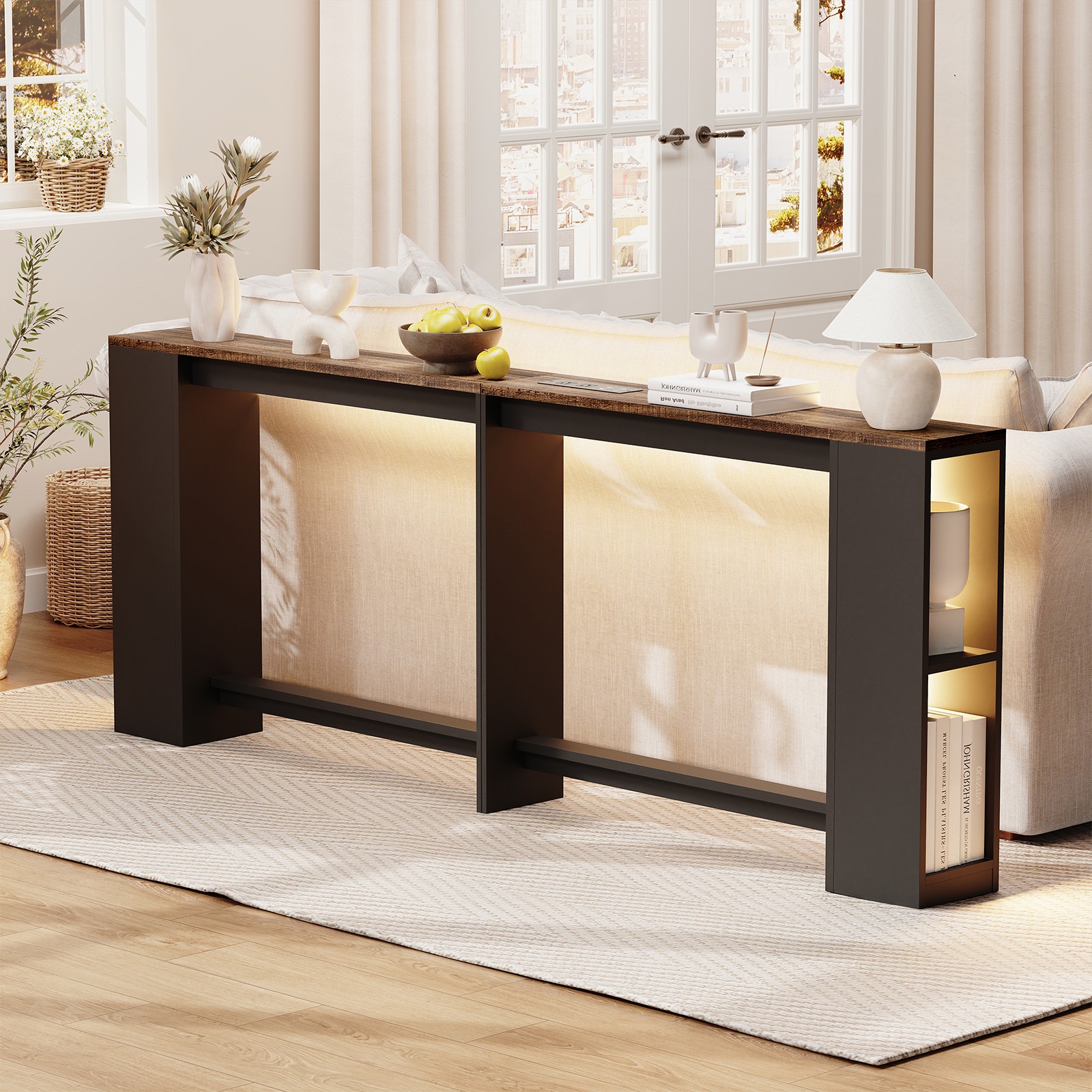 BROTTAR 79“ LED Lighted Behind Couch Table with Side Storage & Built-in Outlets