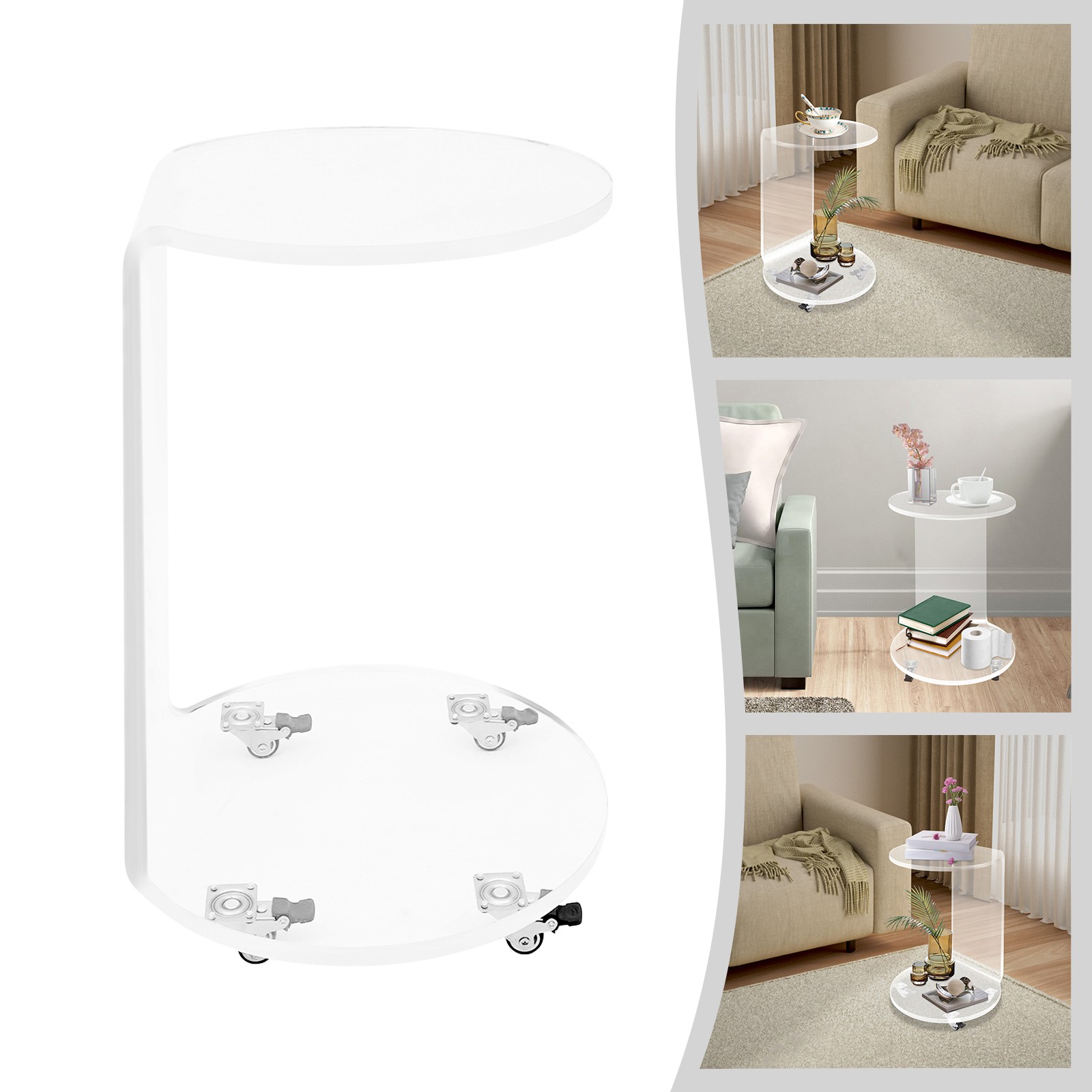 Acrylic Nightstand Side Table 2-Tier Clear Modern with 4 Wheels 66 lbs Capacity.