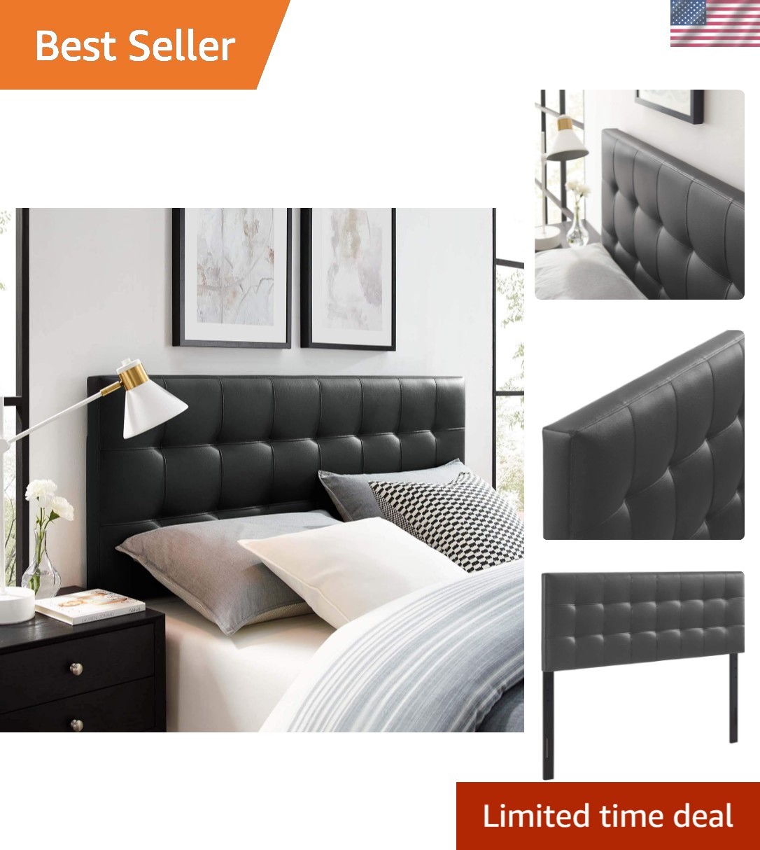 Lily Tufted Faux Leather Upholstered Queen Headboard in Black