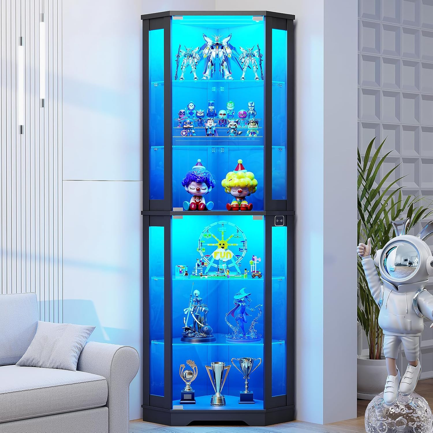 BROTTAR 71″ Corner Display Cabinet with Glass Doors, 6 Tier Curio Cabinet with 3