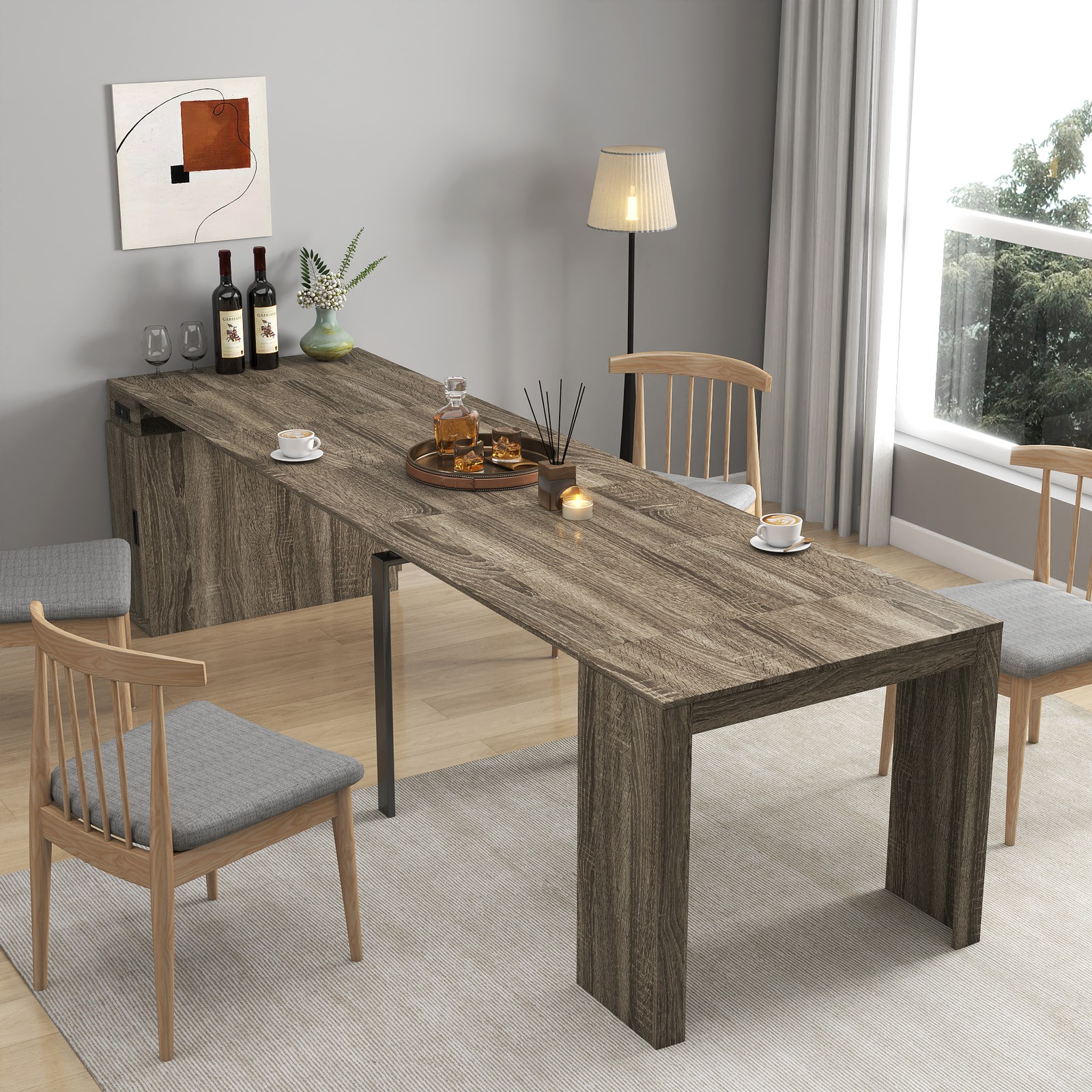 Modern Extendable Dining Table w/Outlet, Space Saving Expandable Table w/Storage