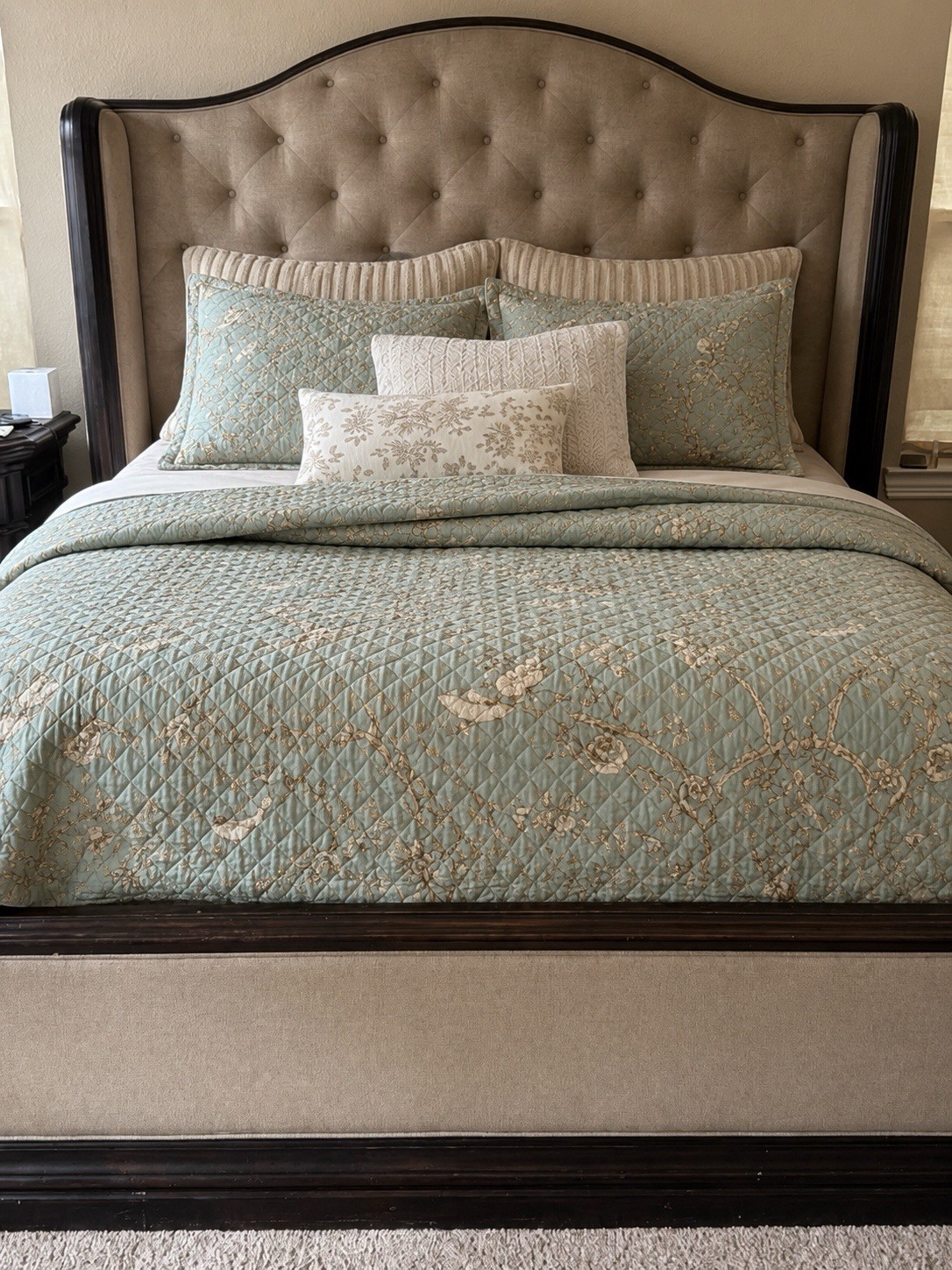 Queen Tufted Upholstered Bed Frame w/ Wingback Headboard, Beige & Dark Wood