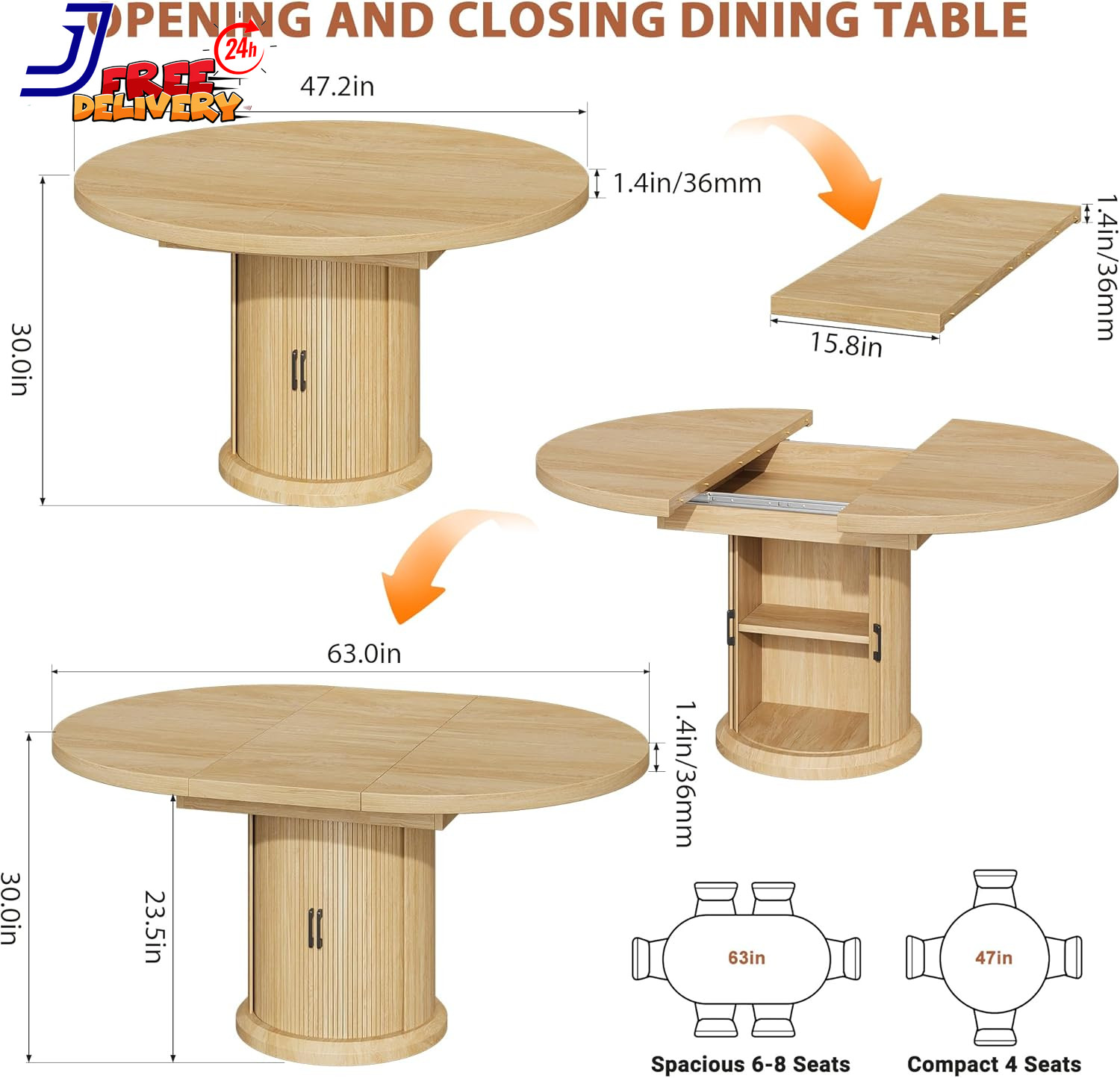 Extendable Round Dining Table for 4-8 with Storage Shelf Natural Wood Finish