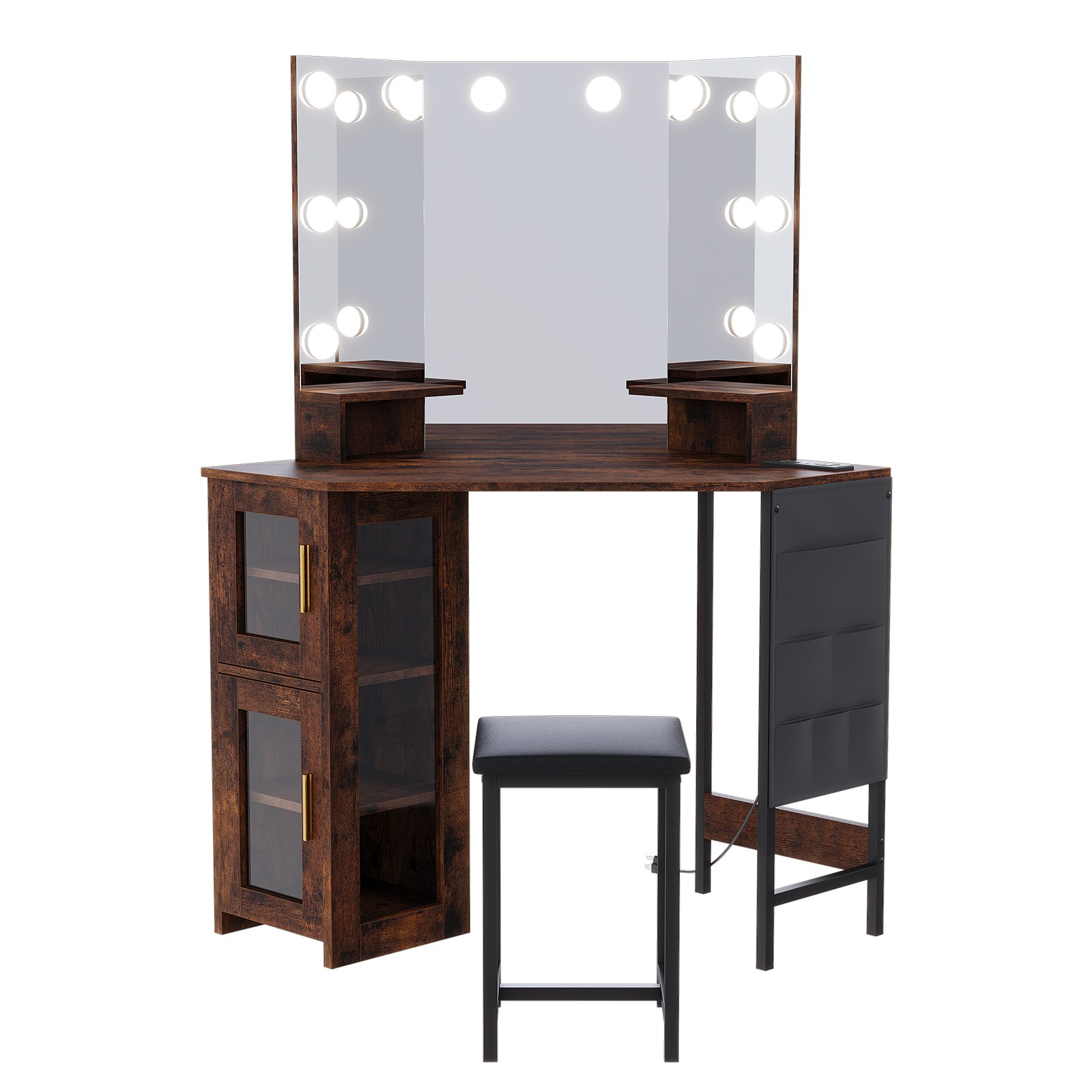 Corner Vanity Desk and Stool, Corner Makeup Vanity with LED Lighted Mirror