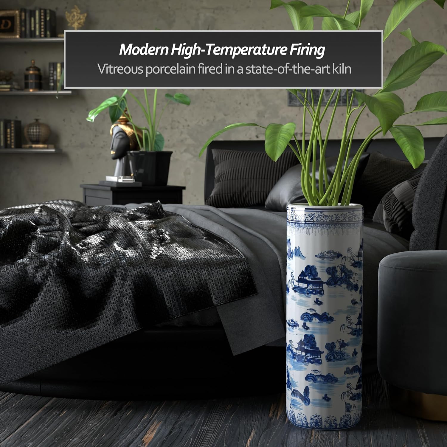 Oriental Furniture 20″ Landscape Blue & White Porcelain Umbrella Stand