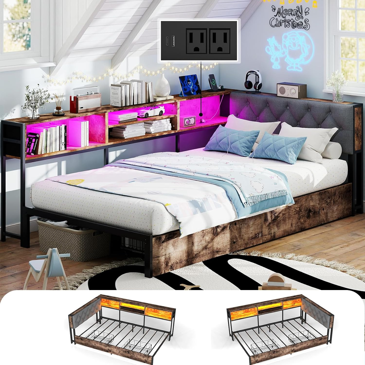 Twin Size Corner Bed Frame with Storage Bookcase and Upholstered Headboard | 2 S