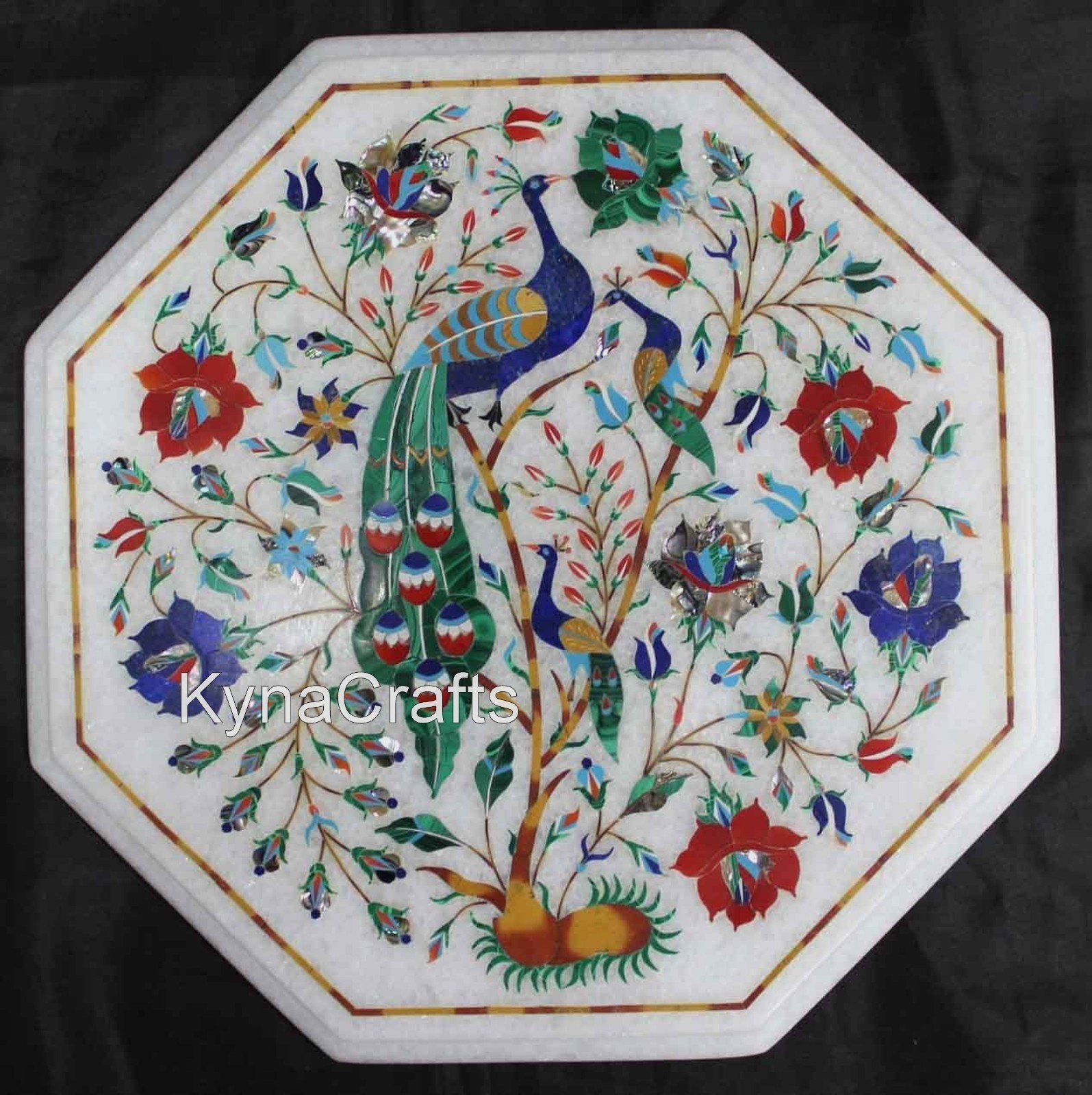 Peacock Art Inlay Table Top with Gemstone | Indian White Marble Coffee Table Top