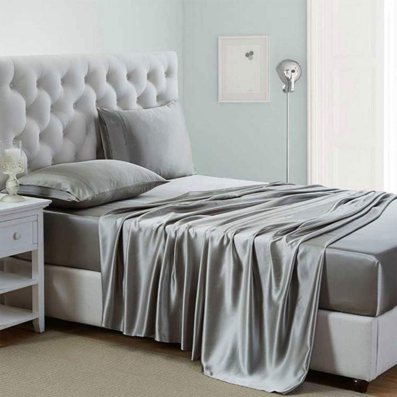 Lanest Housing Silk Satin Sheets, 4-Piece Queen Size Satin Bed Sheet Set with