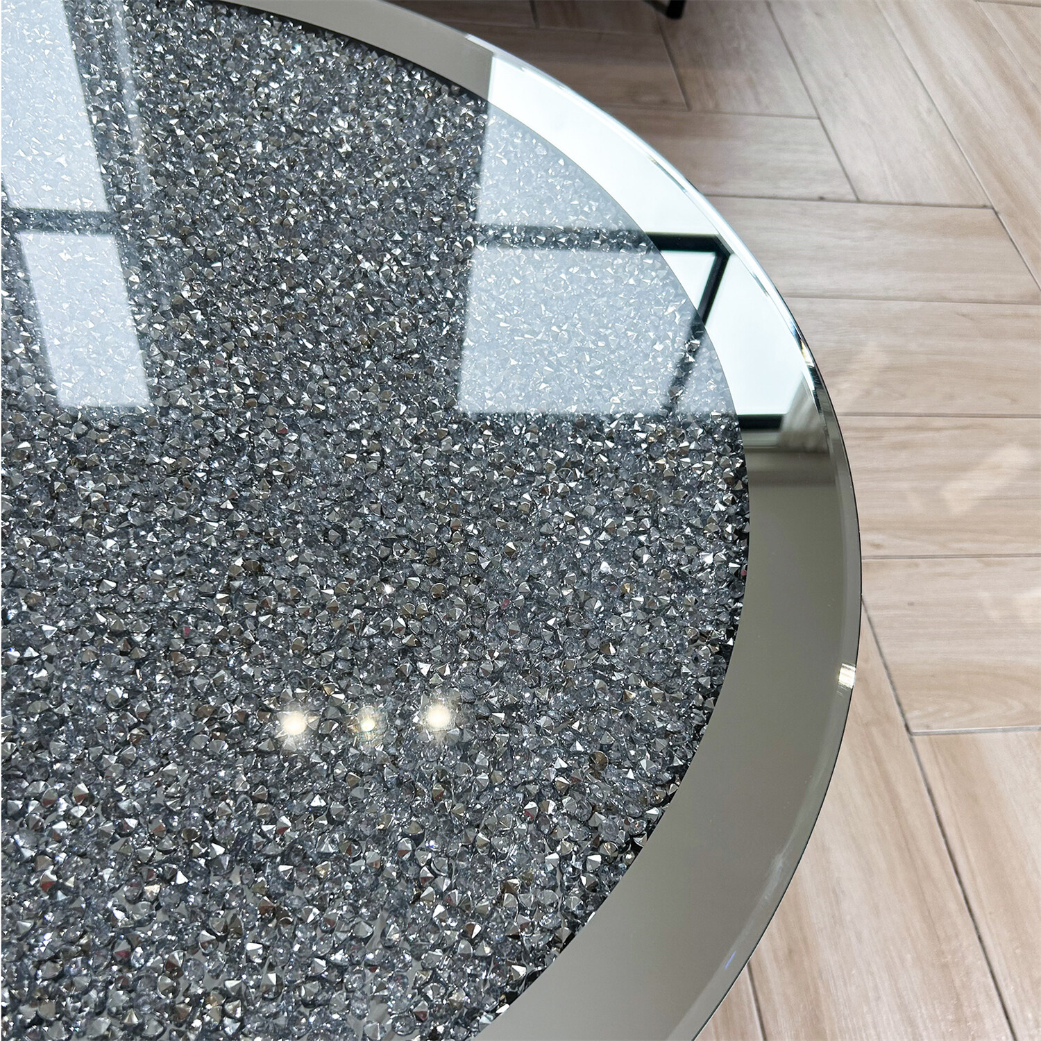 Shiny Silver Mirrored Coffee Table Mirror Crystal Inlay Round End Cocktail Table
